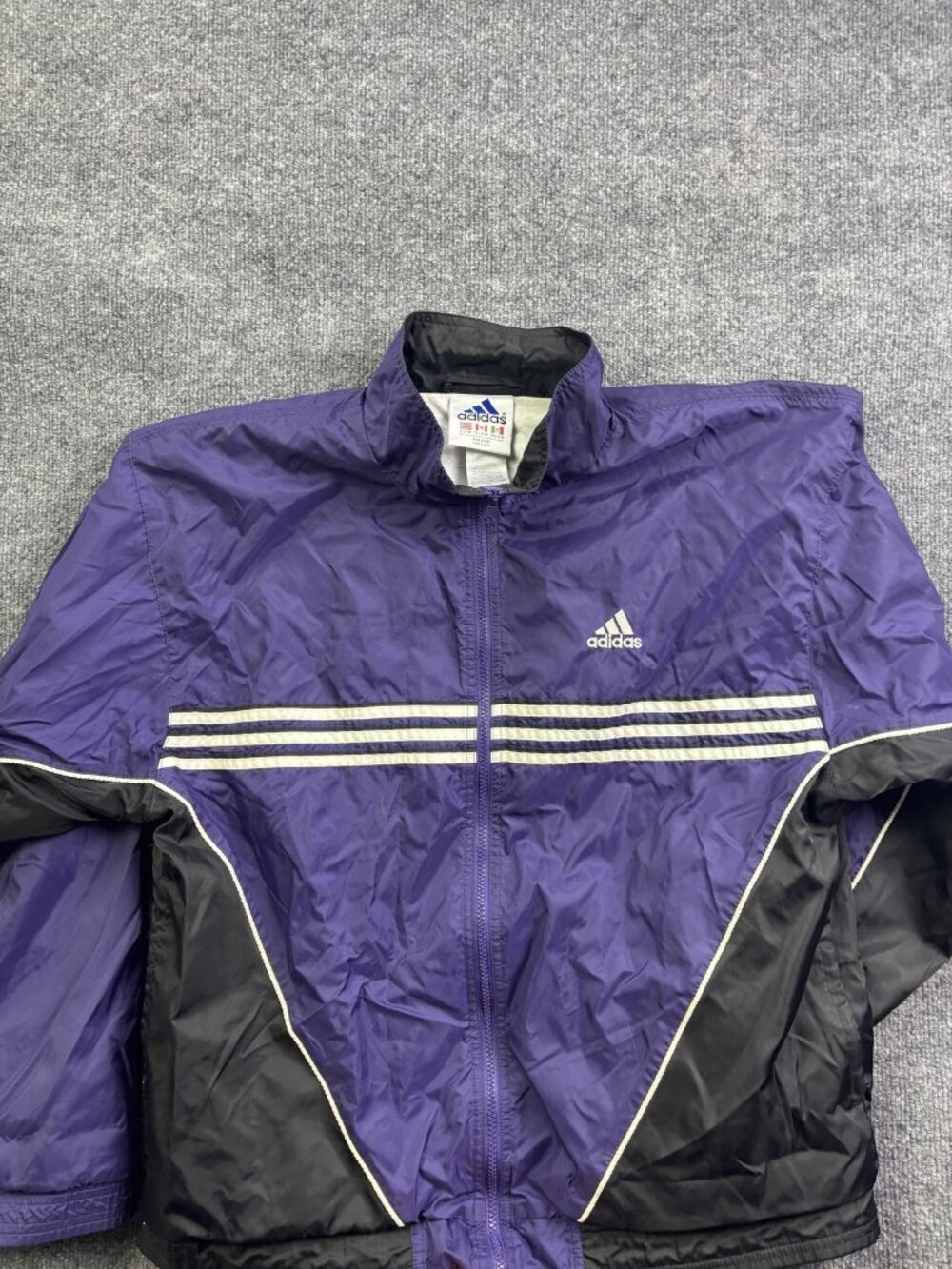 VNTG Adidas Jacket Mens M Purple Full Zip Windbreaker Track Athletic 3‎ Stripe